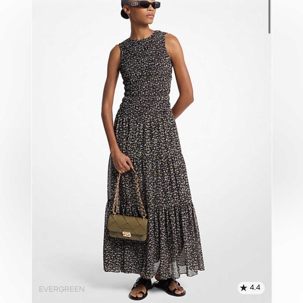 Michael Michael Kors Floral Print Smocked Georgette Maxi Dress in Evergreen